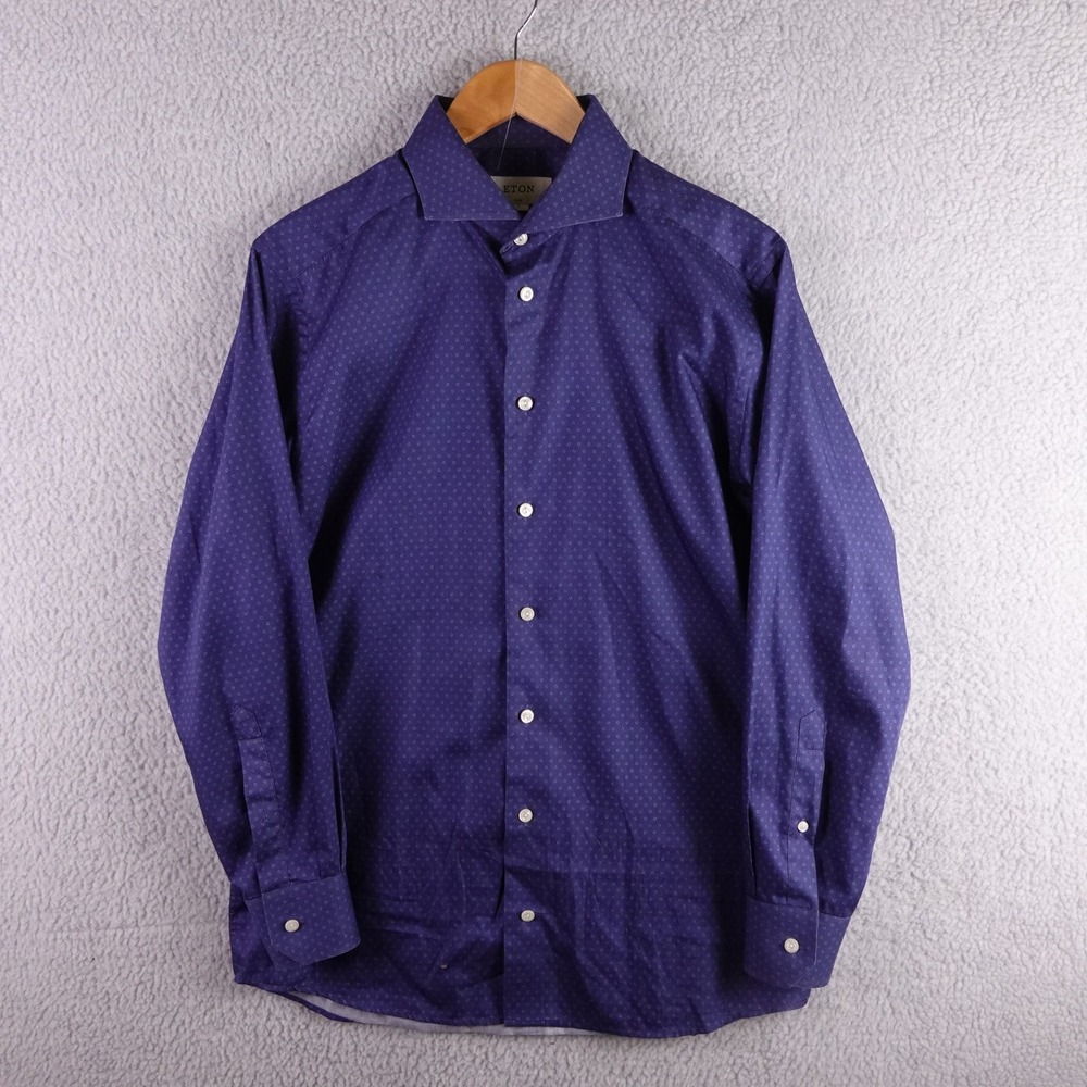 Eton Mens Slim Fit Blue Geometric Micro Pattern Dress‎ Shirt 16.5 42 L